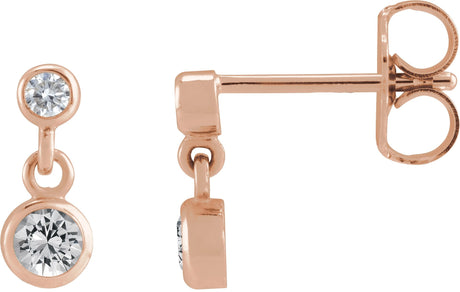 14K Gold Round Natural White Sapphire Two-Stone Bezel Set Earrings - Rose Gold