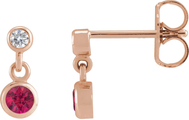 14K Gold Round Lab-Grown Ruby Two-Stone Bezel Set Earrings - Rose Gold
