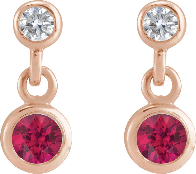 14K Gold Round Natural Ruby Two-Stone Bezel Set Earrings - Rose Gold - view 2