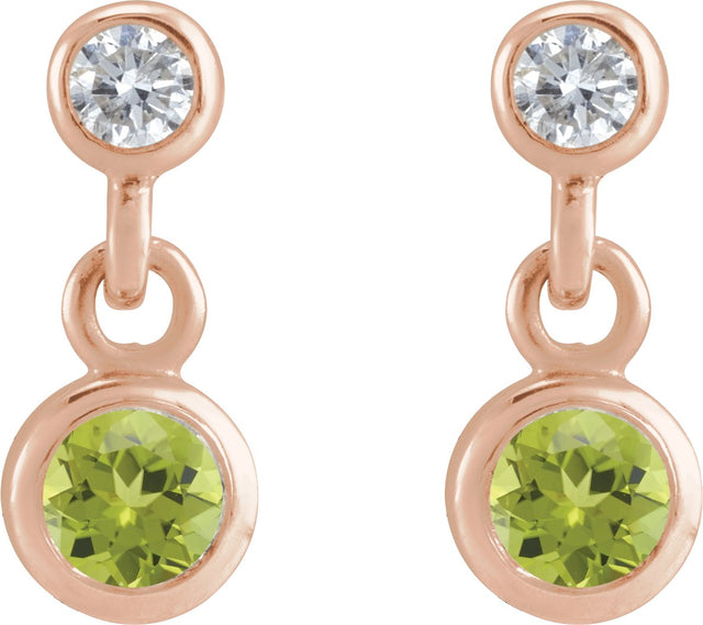 14K Gold Round Natural Peridot Two-Stone Bezel Set Earrings - Rose Gold - view 2