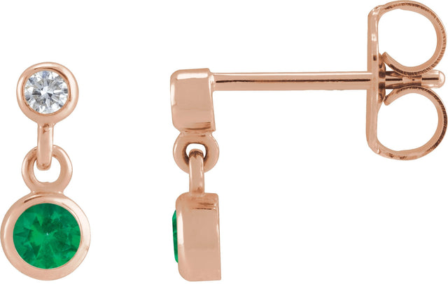 14K Gold Round Lab-Grown Emerald Two-Stone Bezel Set Earrings - Rose Gold