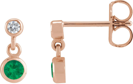 14K Gold Round Natural Emerald Two-Stone Bezel Set Earrings - Rose Gold
