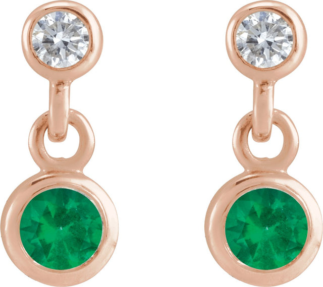 14K Gold Round Natural Emerald Two-Stone Bezel Set Earrings - Rose Gold - view 2