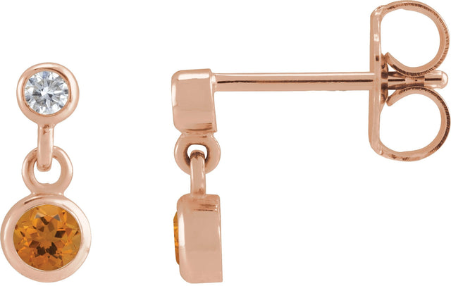 14K Gold Round Natural Citrine Two-Stone Bezel Set Earrings - Rose Gold
