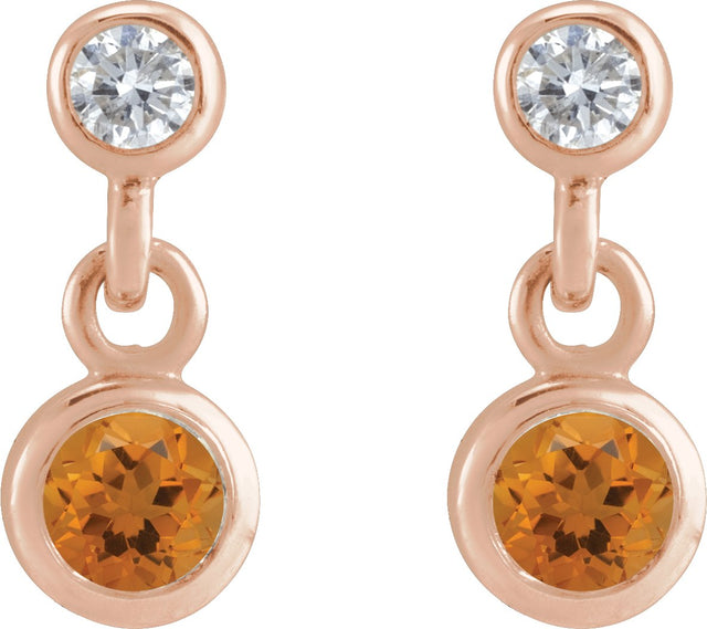 14K Gold Round Natural Citrine Two-Stone Bezel Set Earrings - Rose Gold - view 2