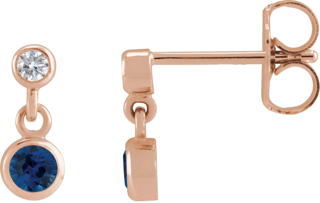 14K Gold Round Natural Blue Sapphire Two-Stone Bezel Set Earrings - Rose Gold