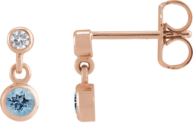 14K Gold Round Natural Aquamarine Two-Stone Bezel Set Earrings - Rose Gold