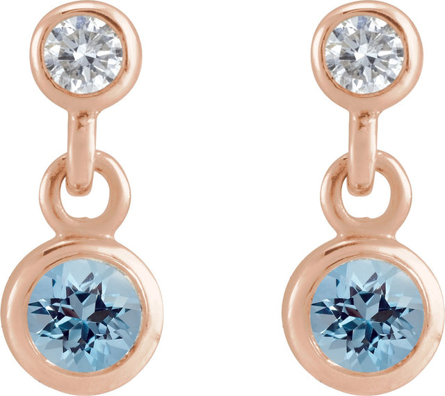14K Gold Round Natural Aquamarine Two-Stone Bezel Set Earrings - Rose Gold - view 2
