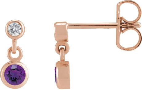 14K Gold Round Natural Amethyst Two-Stone Bezel Set Earrings - Rose Gold