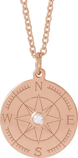 14K Gold Round Natural Diamond Accented Compass Necklace or Pendant - Rose Gold