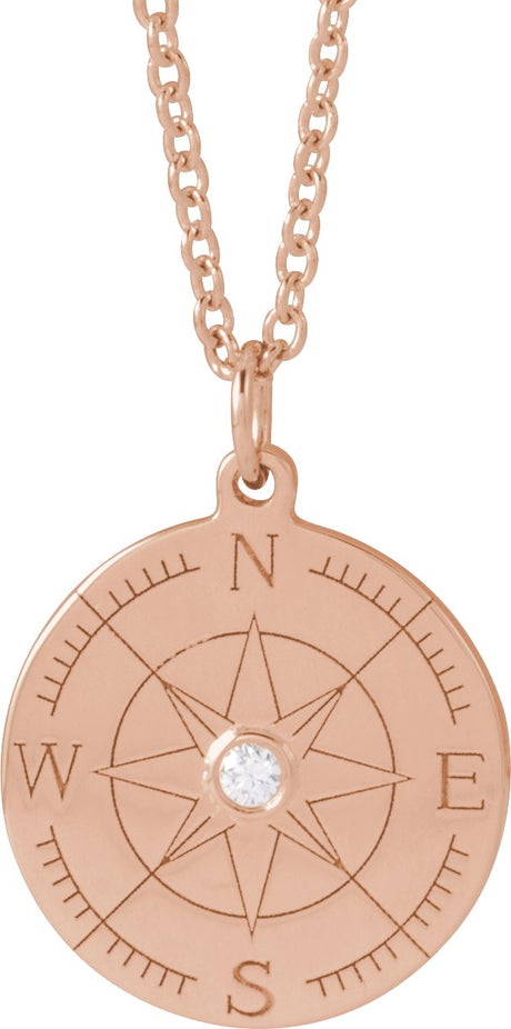 14K Gold Round Natural Diamond Accented Compass Necklace or Pendant - Rose Gold