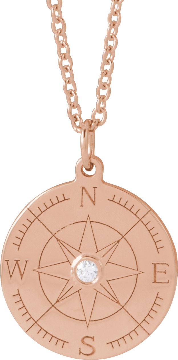 14K Gold Round Natural Diamond Accented Compass Necklace or Pendant - Rose Gold