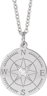 14K Gold Round Natural Diamond Accented Compass Necklace or Pendant - White Gold