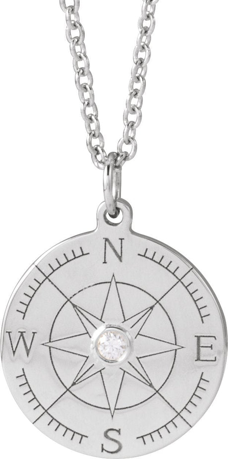 14K Gold Round Natural Diamond Accented Compass Necklace or Pendant - White Gold