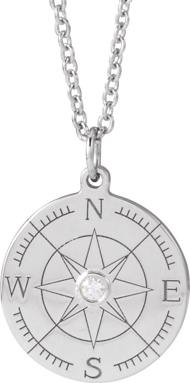 14K Gold Round Natural Diamond Accented Compass Necklace or Pendant - White Gold