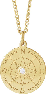 14K Gold Round Natural Diamond Accented Compass Necklace or Pendant - Yellow Gold