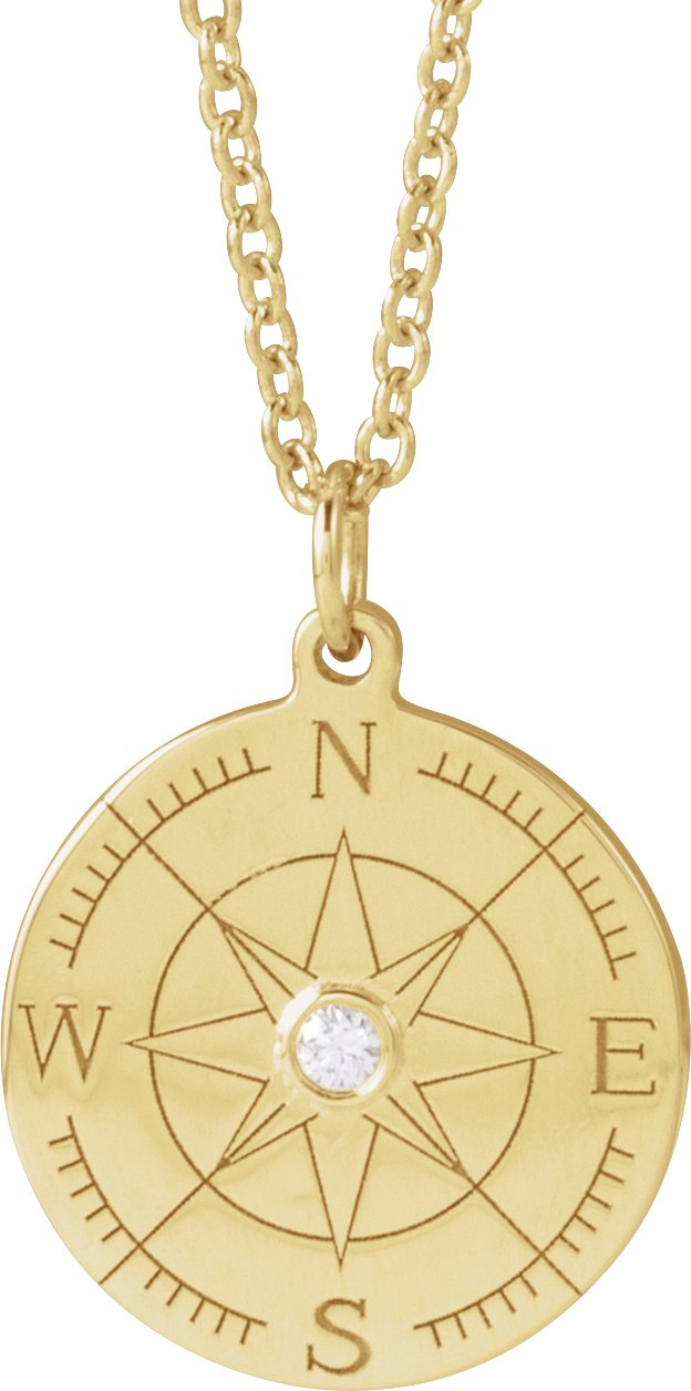 14K Gold Round Natural Diamond Accented Compass Necklace or Pendant - Yellow Gold