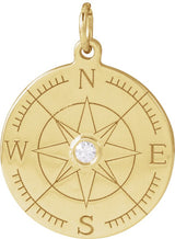 14K Gold Round Natural Diamond Accented Compass Necklace or Pendant - Yellow Gold