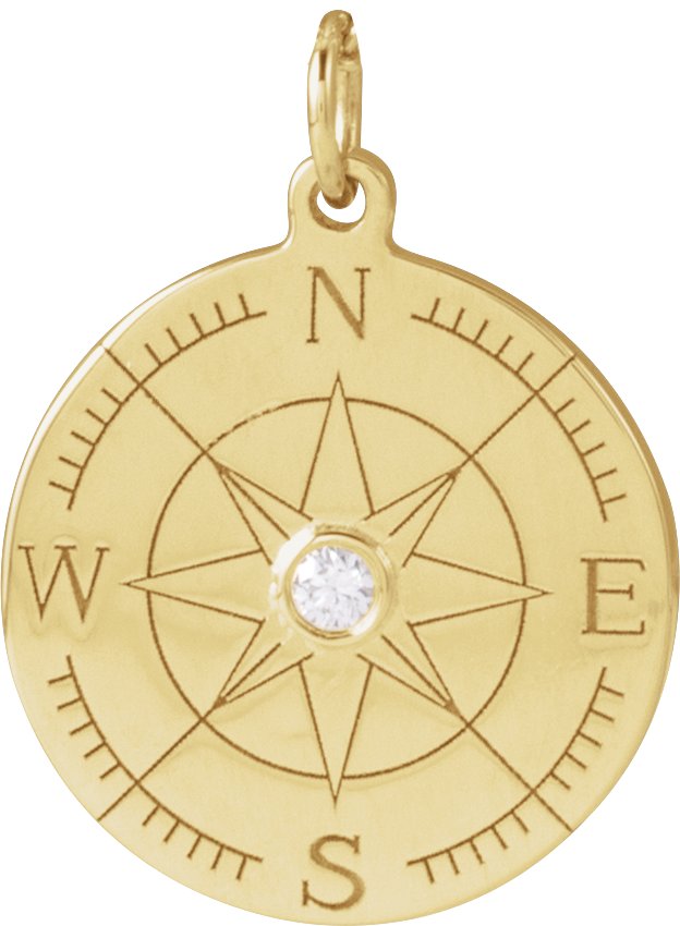 14K Gold Round Natural Diamond Accented Compass Necklace or Pendant - Yellow Gold