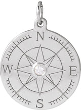 14K Gold Round Natural Diamond Accented Compass Necklace or Pendant - White Gold