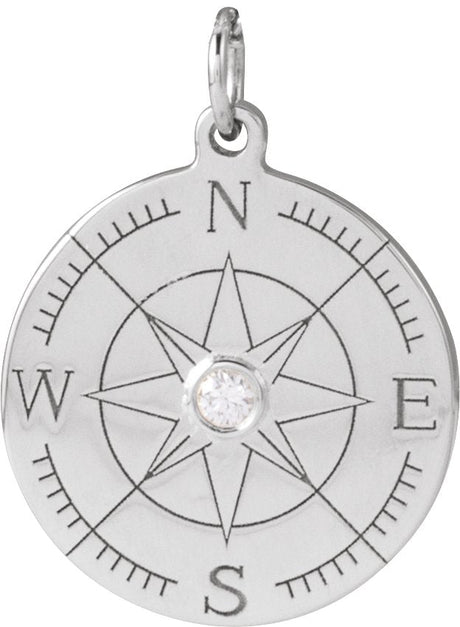14K Gold Round Natural Diamond Accented Compass Necklace or Pendant - White Gold