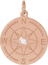 14K Gold Round Natural Diamond Accented Compass Necklace or Pendant - Rose Gold