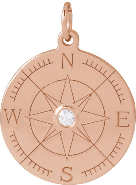 14K Gold Round Natural Diamond Accented Compass Necklace or Pendant - Rose Gold
