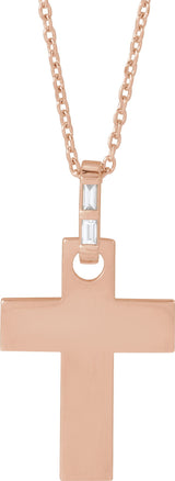 14K Gold Straight Baguette Natural Diamond Accented Cross Necklace or Pendant – 0.03 CTW - Rose Gold