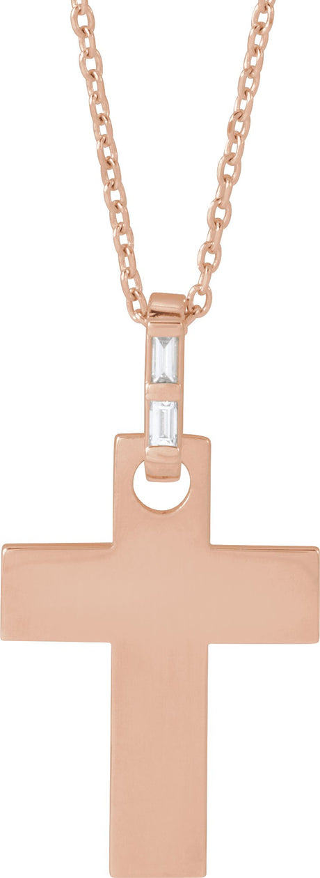 14K Gold Straight Baguette Natural Diamond Accented Cross Necklace or Pendant – 0.03 CTW - Rose Gold