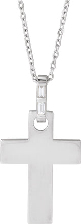 Platinum Straight Baguette Natural Diamond Accented Cross Necklace or Pendant – 0.03 CTW