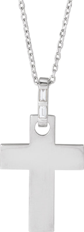 Platinum Straight Baguette Natural Diamond Accented Cross Necklace or Pendant – 0.03 CTW
