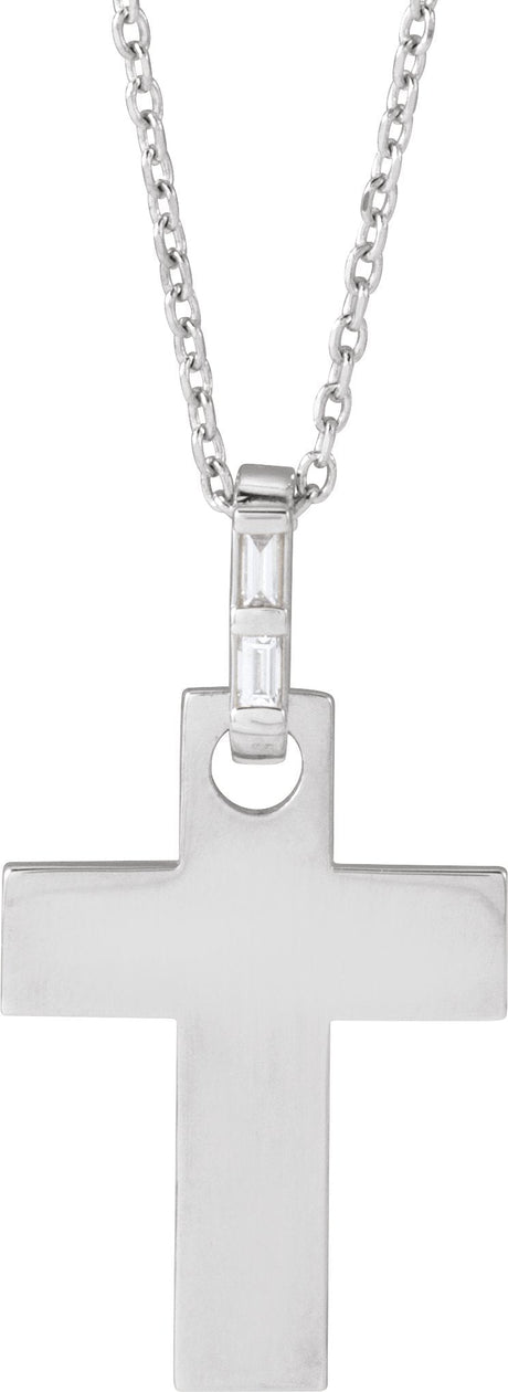 14K Gold Straight Baguette Natural Diamond Accented Cross Necklace or Pendant – 0.03 CTW - White Gold