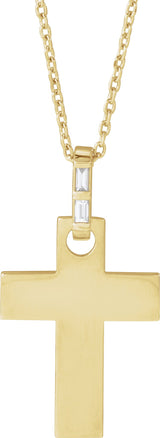 14K Gold Straight Baguette Natural Diamond Accented Cross Necklace or Pendant – 0.03 CTW - Yellow Gold
