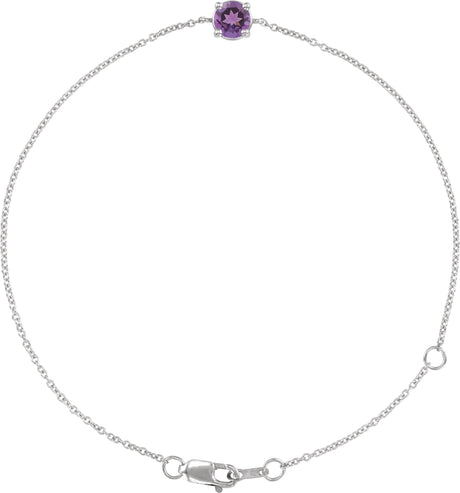 14K Gold Round Natural Amethyst Solitaire Link Bracelet - White Gold