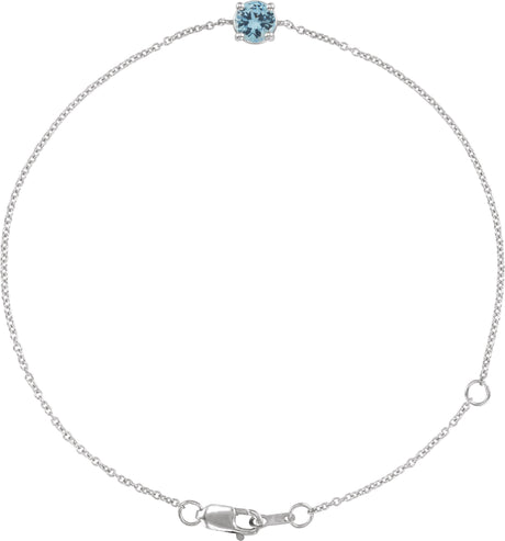 14K Gold Round Natural Aquamarine Solitaire Link Bracelet - White Gold
