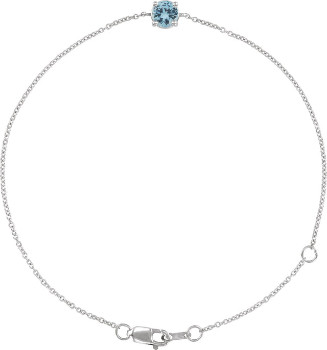 14K Gold Round Natural Aquamarine Solitaire Link Bracelet - White Gold