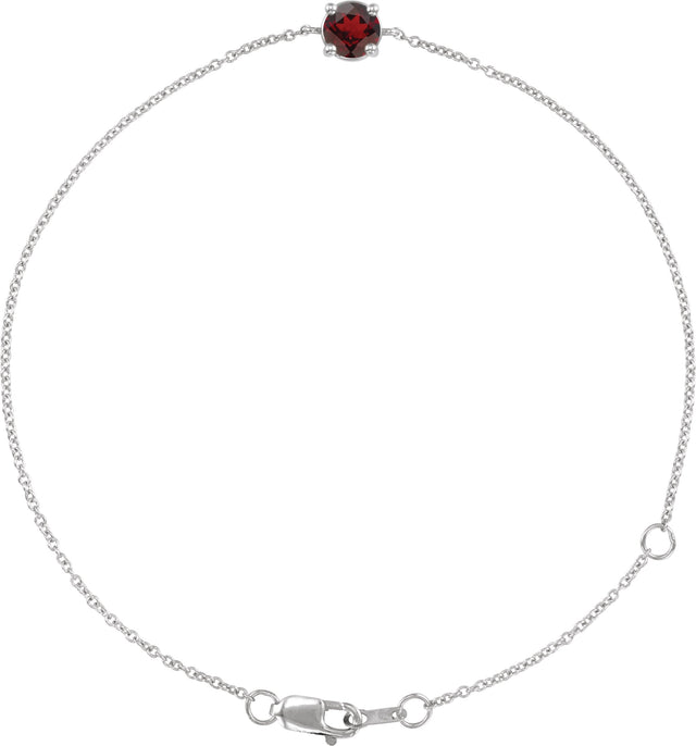14K Gold Round Natural Mozambique Garnet Solitaire Link Bracelet - White Gold