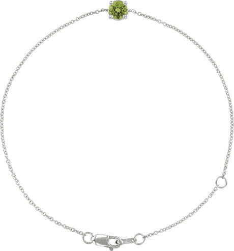 14K Gold Round Natural Peridot Solitaire Link Bracelet - White Gold