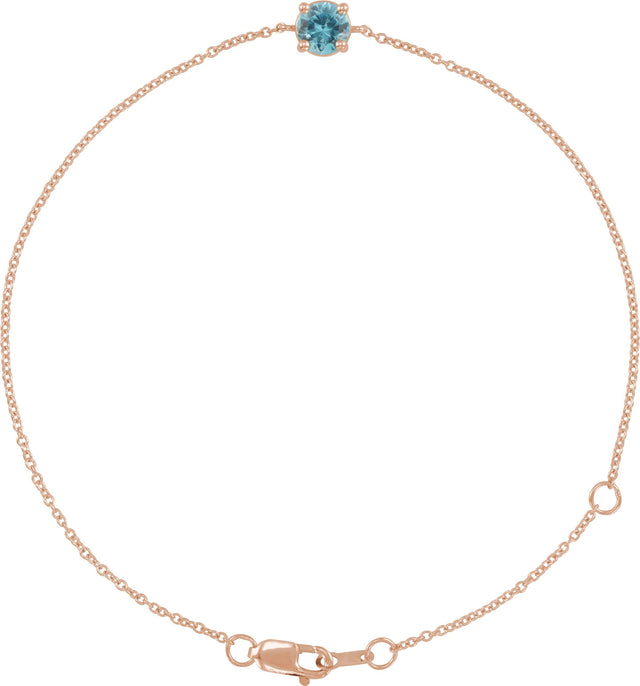 14K Gold Round Natural Blue Zircon Solitaire Link Bracelet - Rose Gold