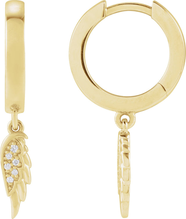 14K Gold Round Natural Diamond Angel Wing Hinged Hoop Earrings - Yellow Gold - view 2