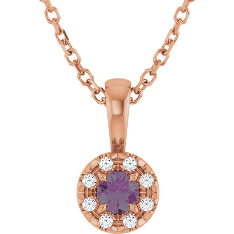 14K Gold Emerald Lab-Grown Alexandrite Halo-Style Necklace or Pendant - Rose Gold
