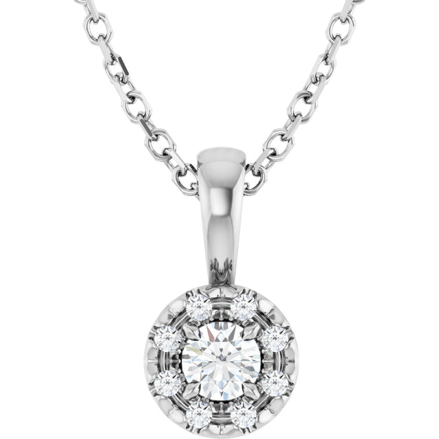 Platinum Round Natural Diamond Halo-Style Necklace or Pendant – up to 1/8 CTW