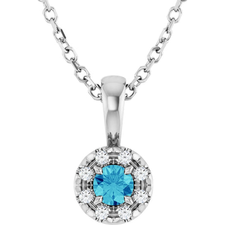 14K Gold Emerald Natural Blue Zircon Halo-Style Necklace or Pendant - White Gold