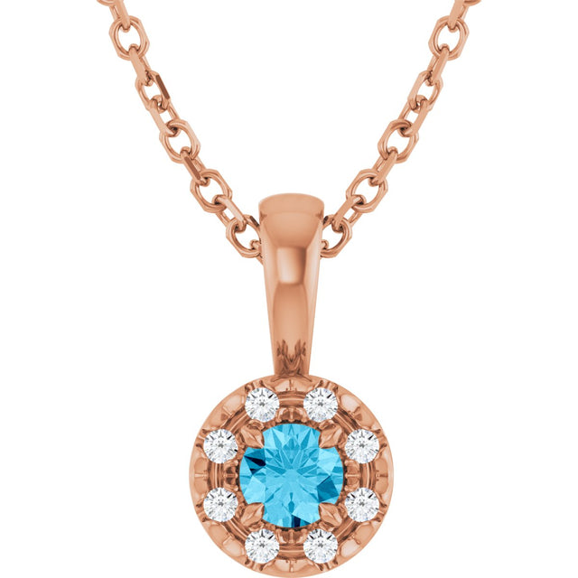14K Gold Emerald Natural Aquamarine Halo-Style Necklace or Pendant - Rose Gold