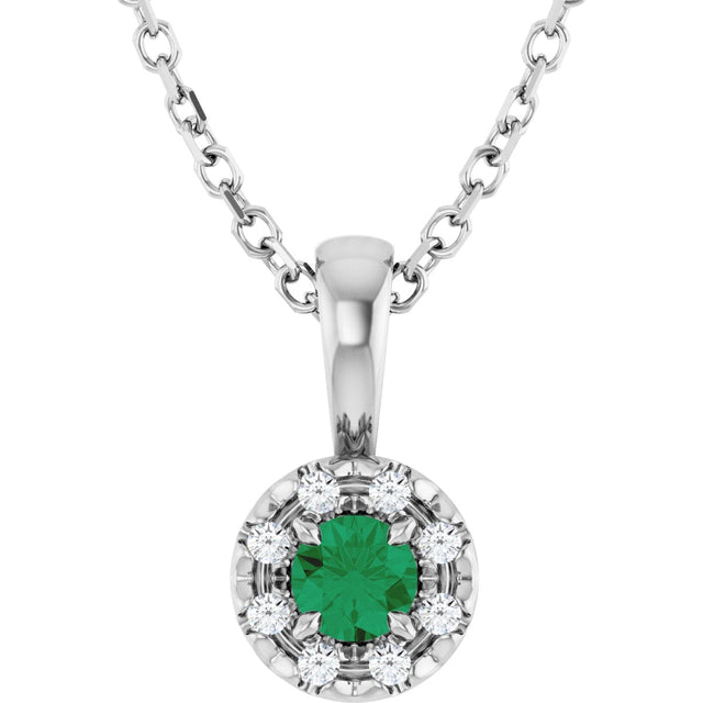 14K Gold Emerald Natural Emerald Halo-Style Necklace or Pendant - White Gold