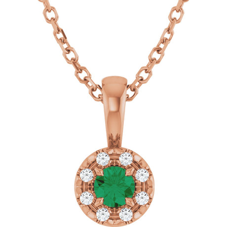 14K Gold Emerald Lab-Grown Emerald Halo-Style Necklace or Pendant - Rose Gold