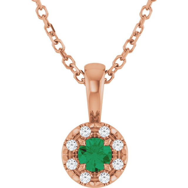 14K Gold Emerald Lab-Grown Emerald Halo-Style Necklace or Pendant - Rose Gold