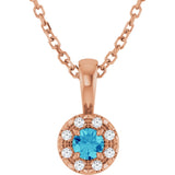 14K Gold Emerald Natural Blue Zircon Halo-Style Necklace or Pendant - Rose Gold