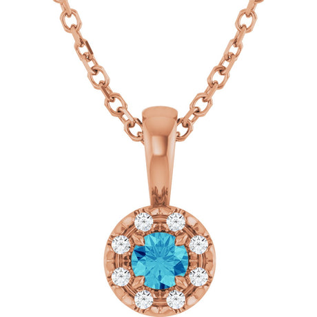 14K Gold Emerald Natural Blue Zircon Halo-Style Necklace or Pendant - Rose Gold