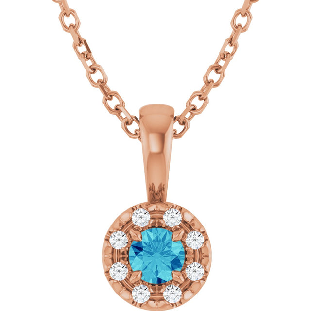 14K Gold Emerald Natural Blue Zircon Halo-Style Necklace or Pendant - Rose Gold